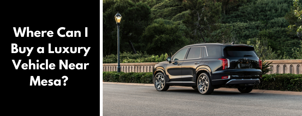 Black 2021 Hyundai Palisade next to "Where Can I Buy a Luxury Vehicle Near Mesa?" white text over black square
