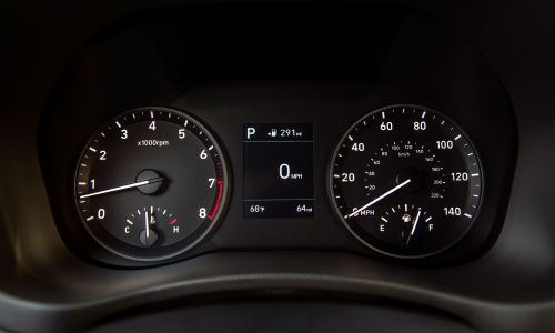 Closeup of dashboard gauges in 2021 Hyundai Accent