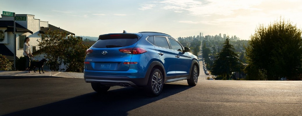 Rear view of blue 2021 Hyundai Tucson