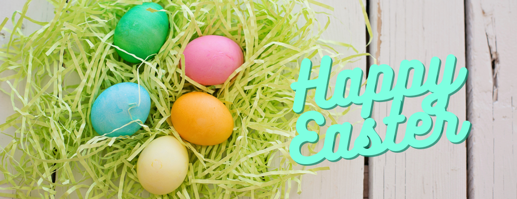 Colorful Easter eggs in green nest with blue "Happy Easter" text