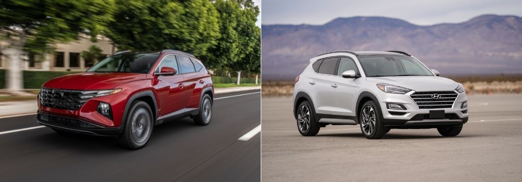 Red 2022 Hyundai Tucson Front Exterior on a City Street vs White 2021 Hyundai Tucson Front Exterior in a Desert