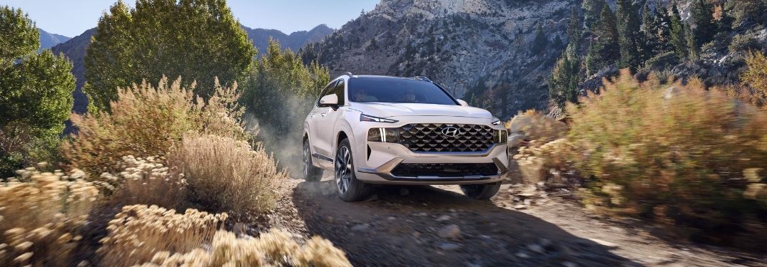 White 2022 Hyundai Santa Fe Front Exterior on Desert Trail