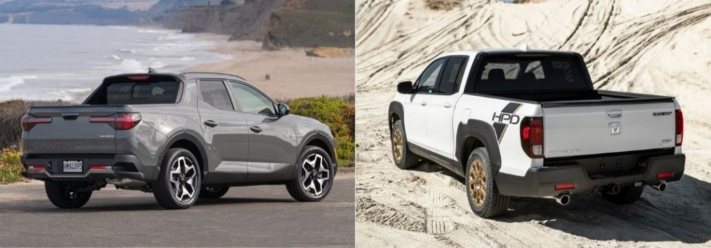 Gray 2022 Hyundai Santa Cruz Rear Exterior at the Beach vs White 2022 Honda Ridgeline Rear Exterior in a Desert