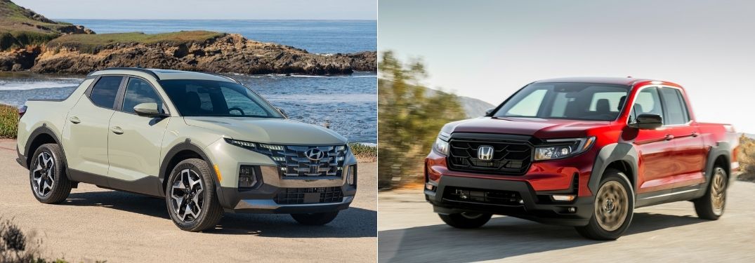 Green 2022 Hyundai Santa Cruz at the Beach vs Red 2022 Honda Ridgeline on a Desert Highway
