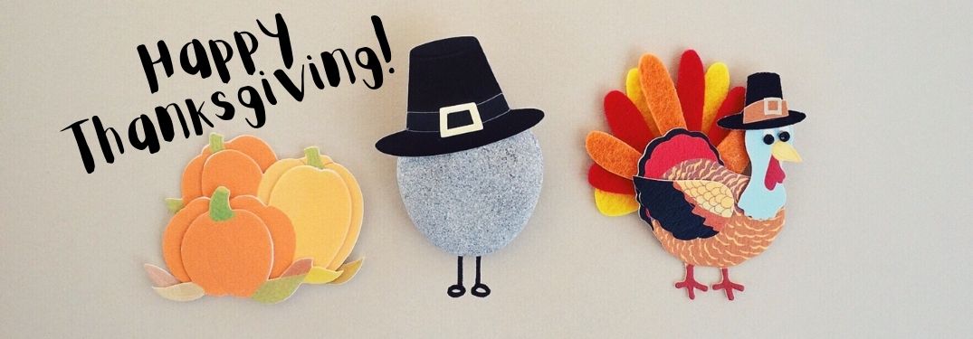 Pumpkin, Pilgrim and Turkey on a Gray Background with Black Happy Thanksgiving Text